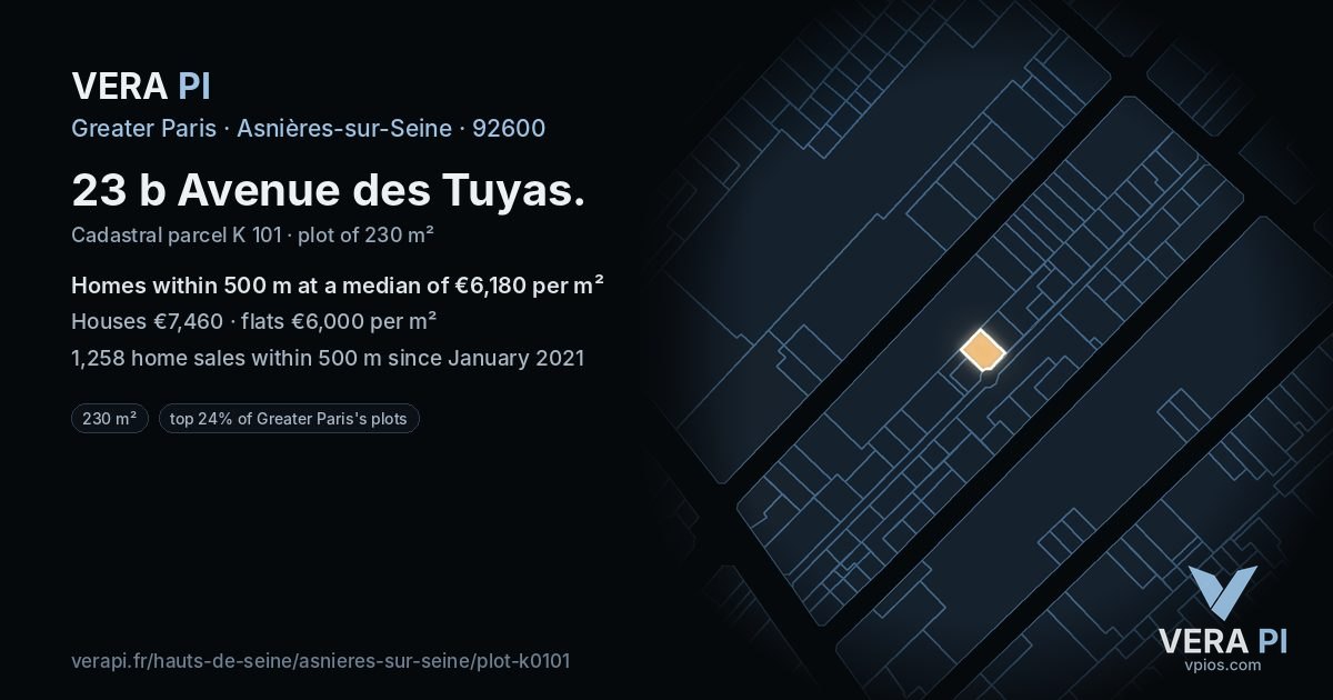 23 b Avenue des Tuyas, Asnières-sur-Seine at night – the plot lit, the parcels around coloured by the prices near them