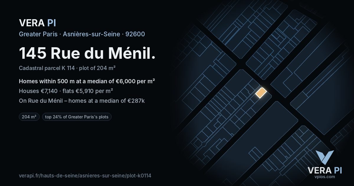 145 Rue du Ménil, Asnières-sur-Seine at night – the plot lit, the parcels around coloured by the prices near them