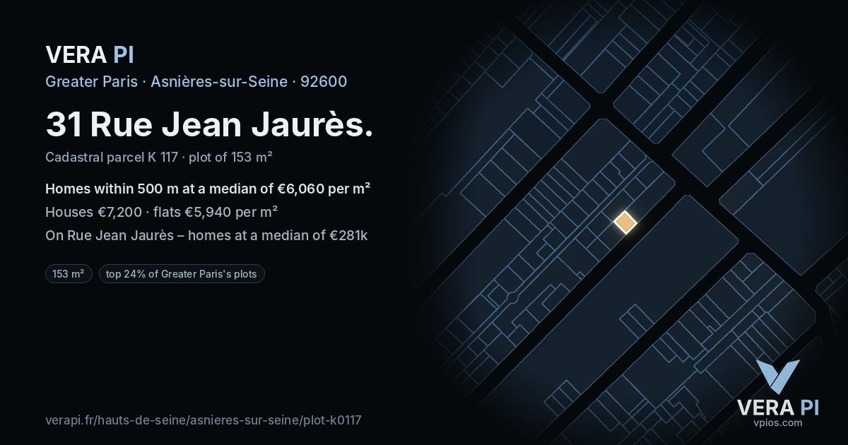 31 Rue Jean Jaurès, Asnières-sur-Seine at night – the plot lit, the parcels around coloured by the prices near them