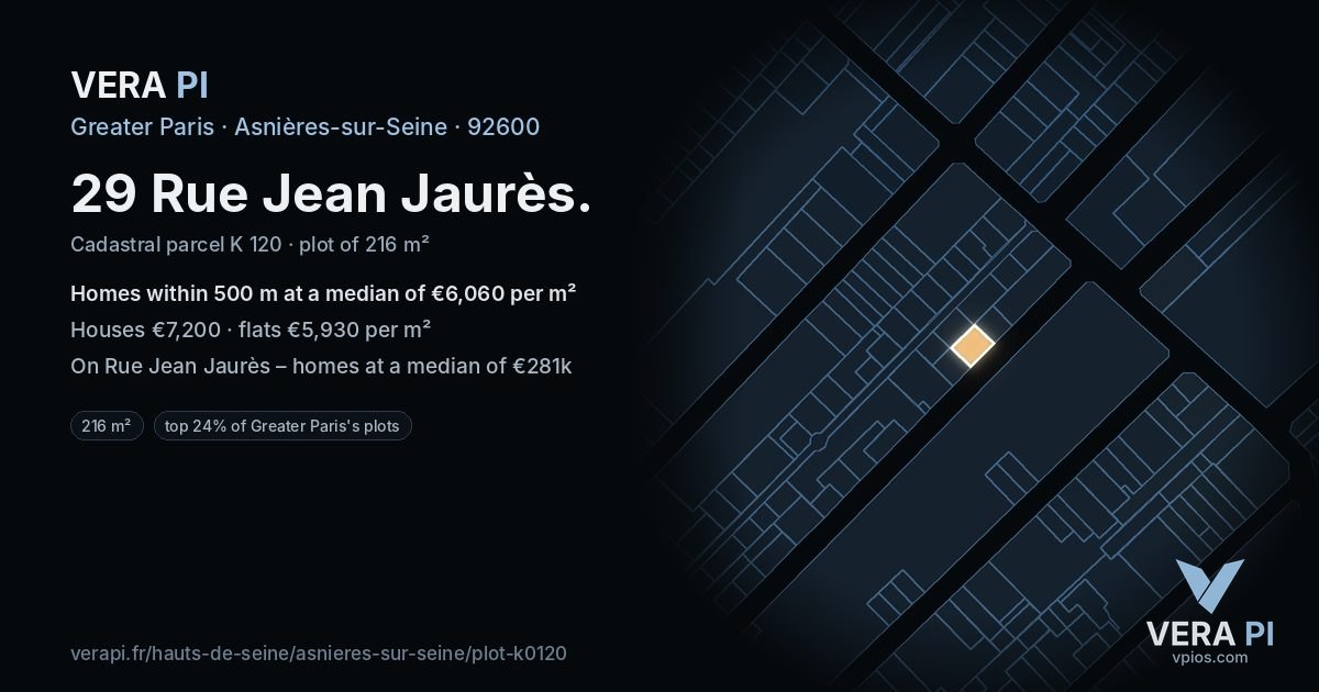 29 Rue Jean Jaurès, Asnières-sur-Seine at night – the plot lit, the parcels around coloured by the prices near them