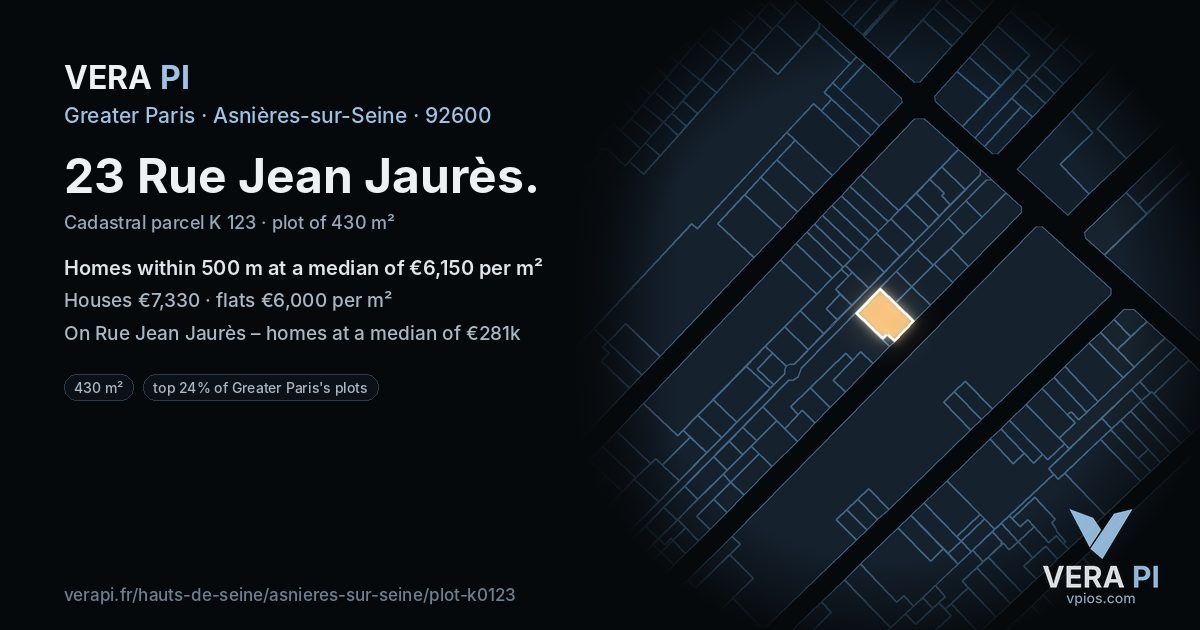 23 Rue Jean Jaurès, Asnières-sur-Seine at night – the plot lit, the parcels around coloured by the prices near them