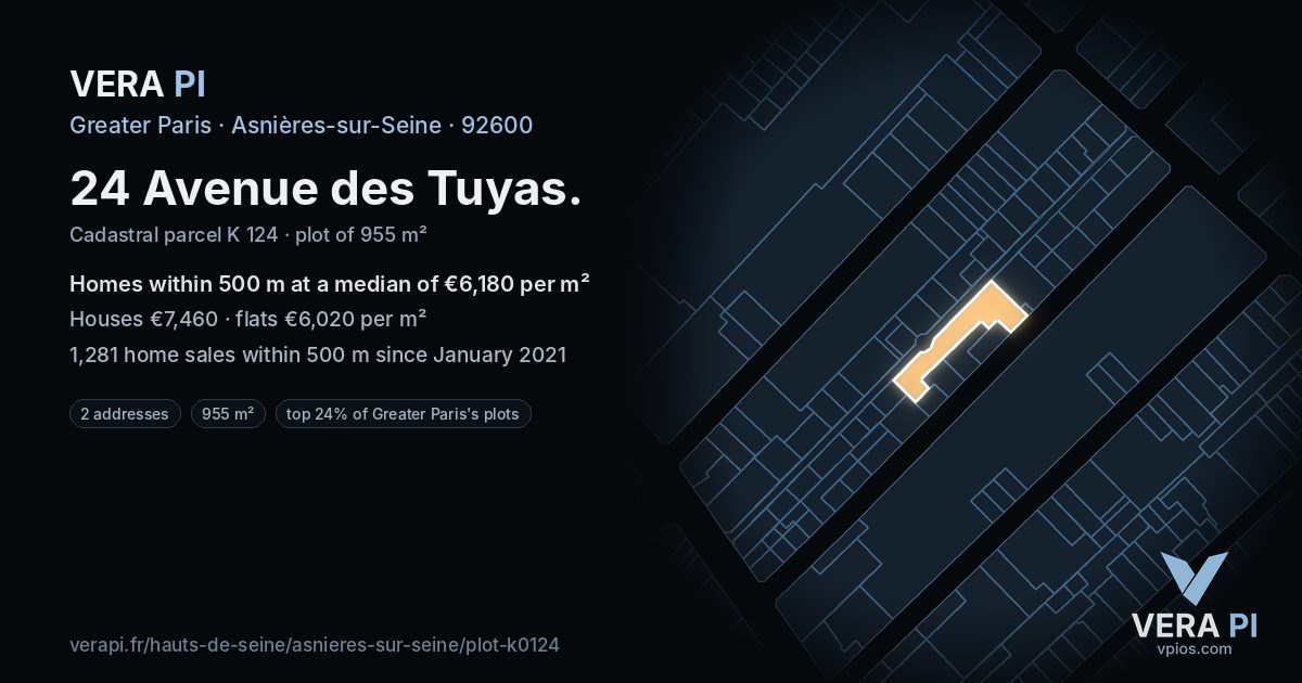 24 Avenue des Tuyas, Asnières-sur-Seine at night – the plot lit, the parcels around coloured by the prices near them