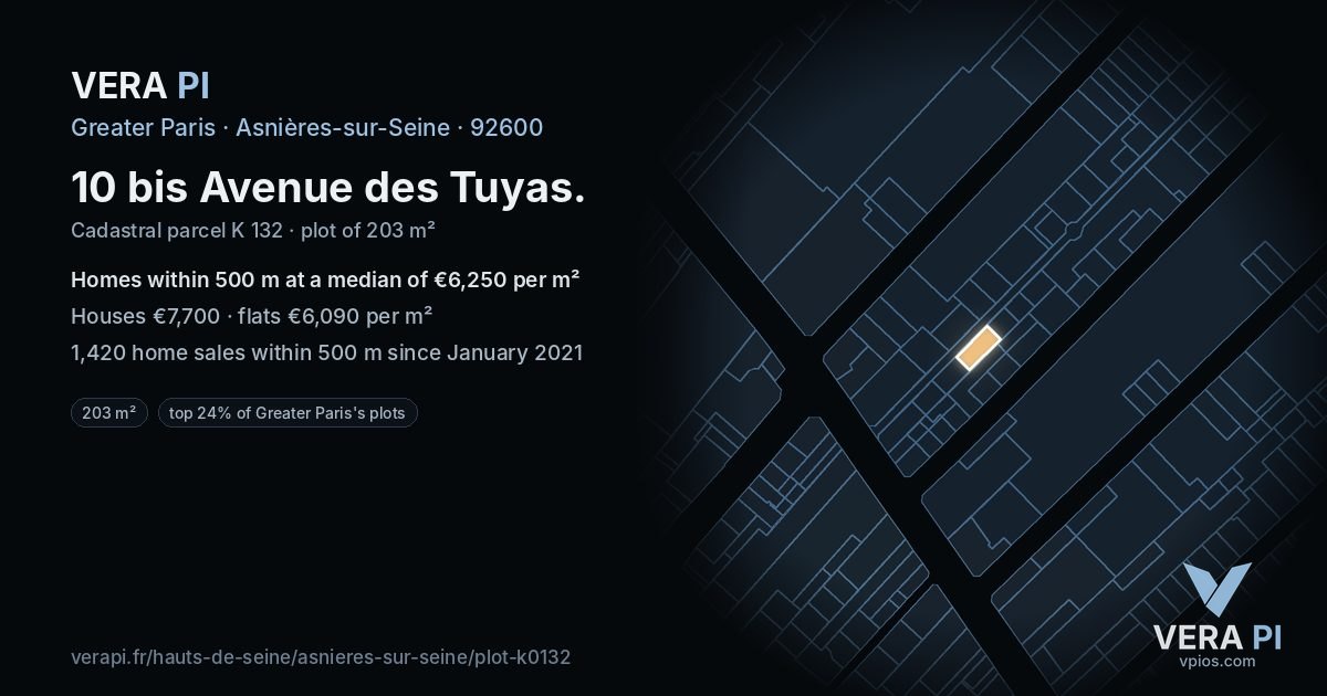 10 bis Avenue des Tuyas, Asnières-sur-Seine at night – the plot lit, the parcels around coloured by the prices near them