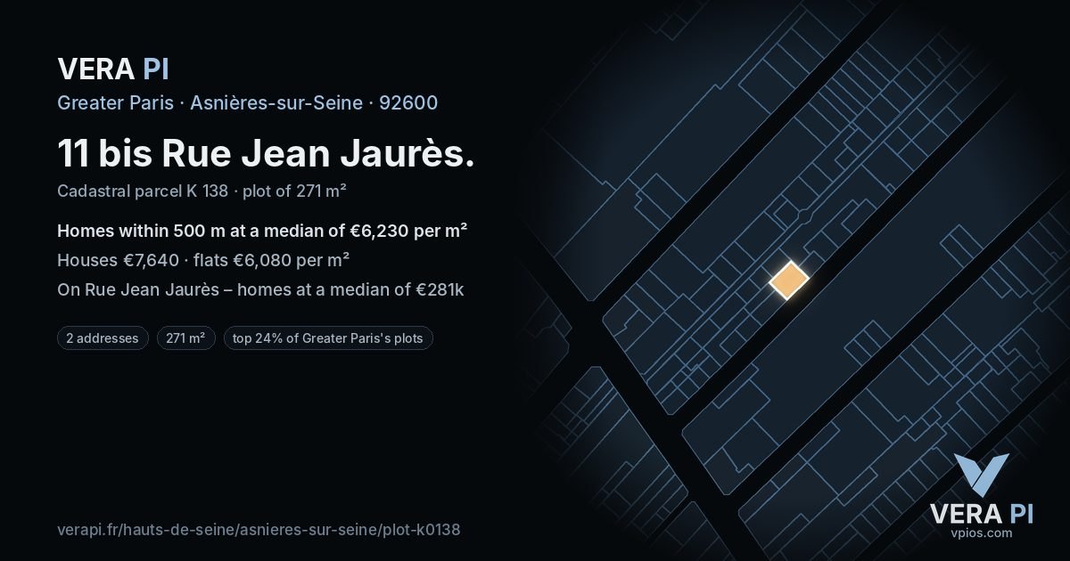 11 bis Rue Jean Jaurès, Asnières-sur-Seine at night – the plot lit, the parcels around coloured by the prices near them