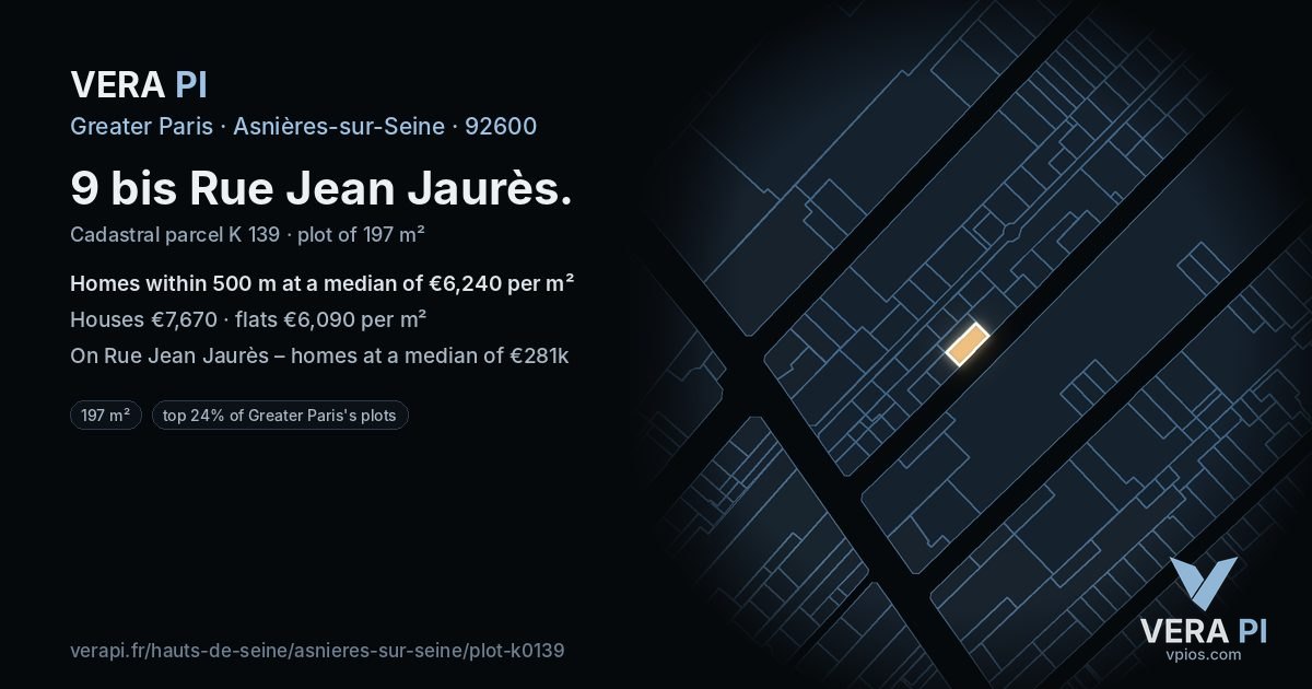 9 bis Rue Jean Jaurès, Asnières-sur-Seine at night – the plot lit, the parcels around coloured by the prices near them