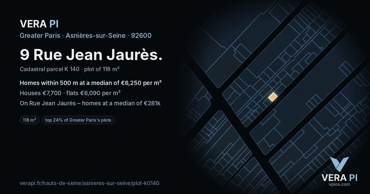 9 Rue Jean Jaurès, Asnières-sur-Seine at night – the plot lit, the parcels around coloured by the prices near them