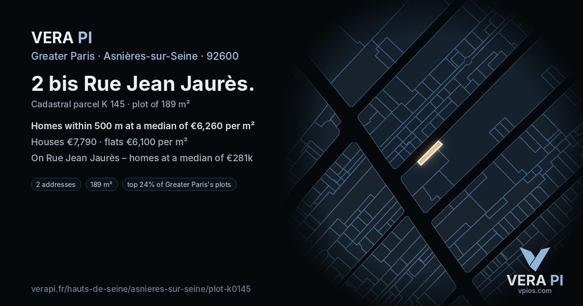 2 bis Rue Jean Jaurès, Asnières-sur-Seine at night – the plot lit, the parcels around coloured by the prices near them