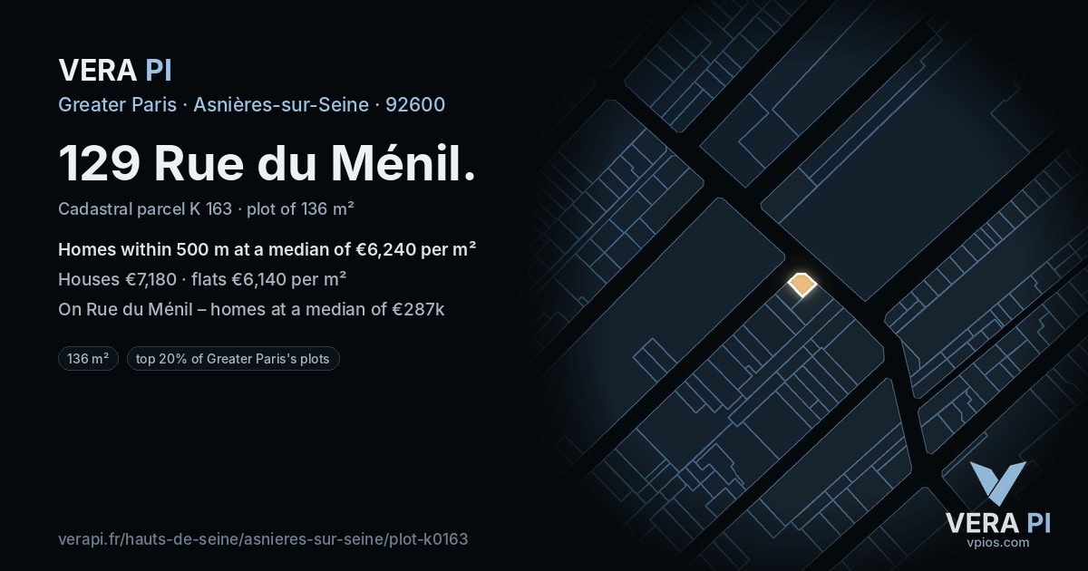 129 Rue du Ménil, Asnières-sur-Seine at night – the plot lit, the parcels around coloured by the prices near them