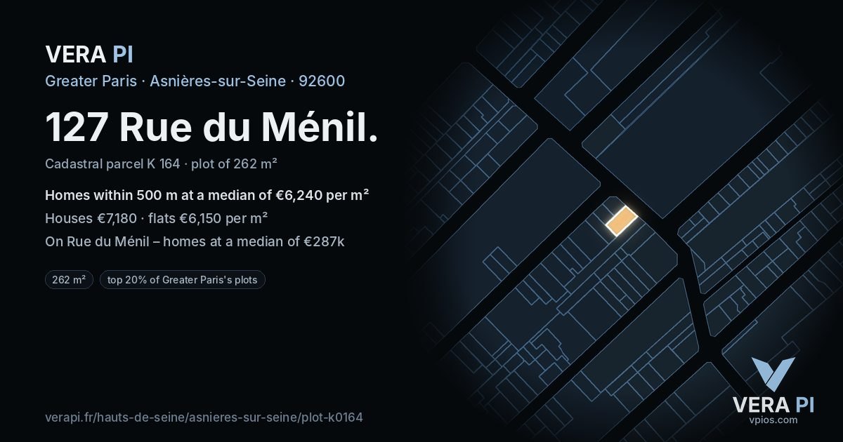 127 Rue du Ménil, Asnières-sur-Seine at night – the plot lit, the parcels around coloured by the prices near them