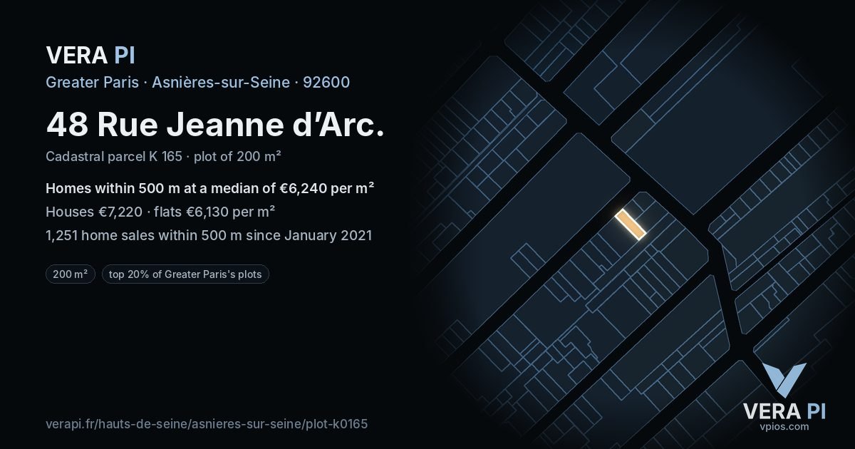 48 Rue Jeanne d’Arc, Asnières-sur-Seine at night – the plot lit, the parcels around coloured by the prices near them