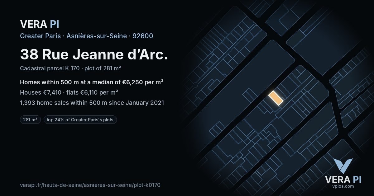 38 Rue Jeanne d’Arc, Asnières-sur-Seine at night – the plot lit, the parcels around coloured by the prices near them