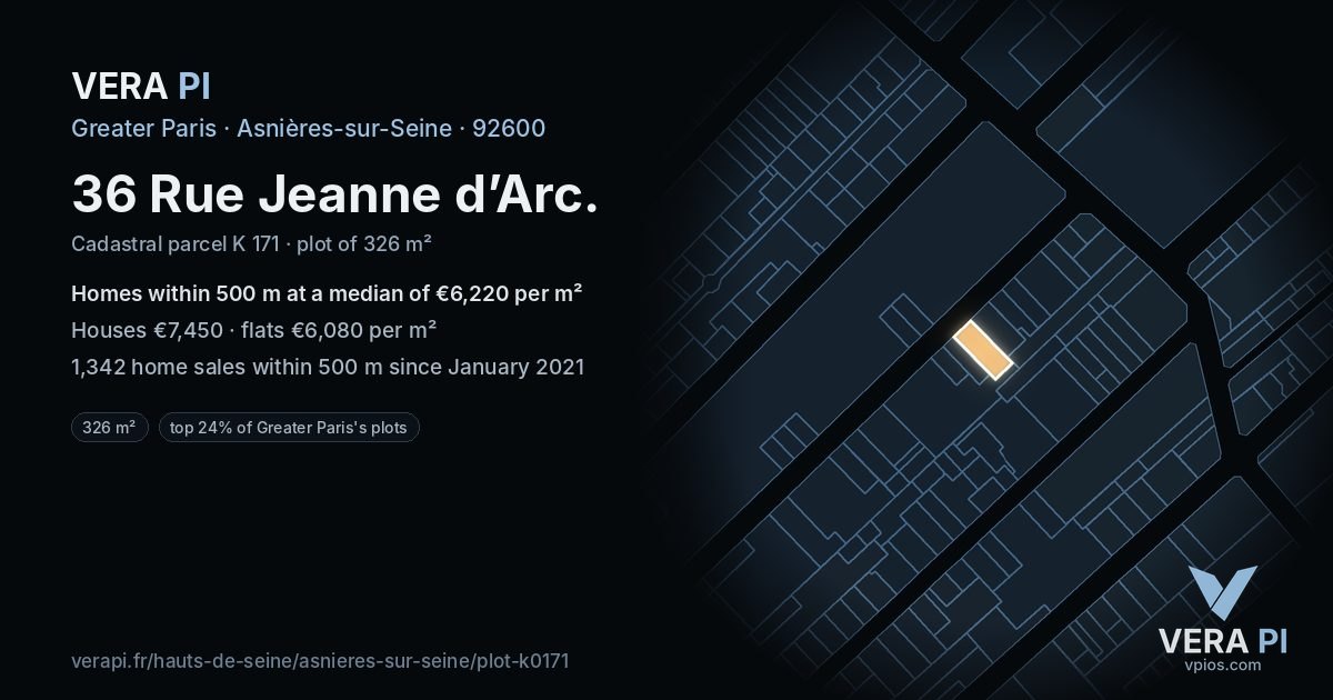 36 Rue Jeanne d’Arc, Asnières-sur-Seine at night – the plot lit, the parcels around coloured by the prices near them