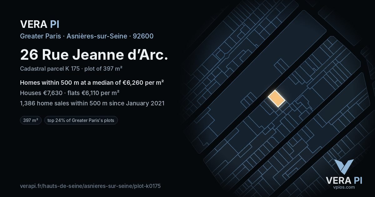 26 Rue Jeanne d’Arc, Asnières-sur-Seine at night – the plot lit, the parcels around coloured by the prices near them