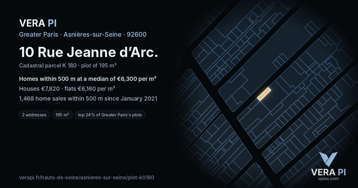 10 Rue Jeanne d’Arc, Asnières-sur-Seine at night – the plot lit, the parcels around coloured by the prices near them