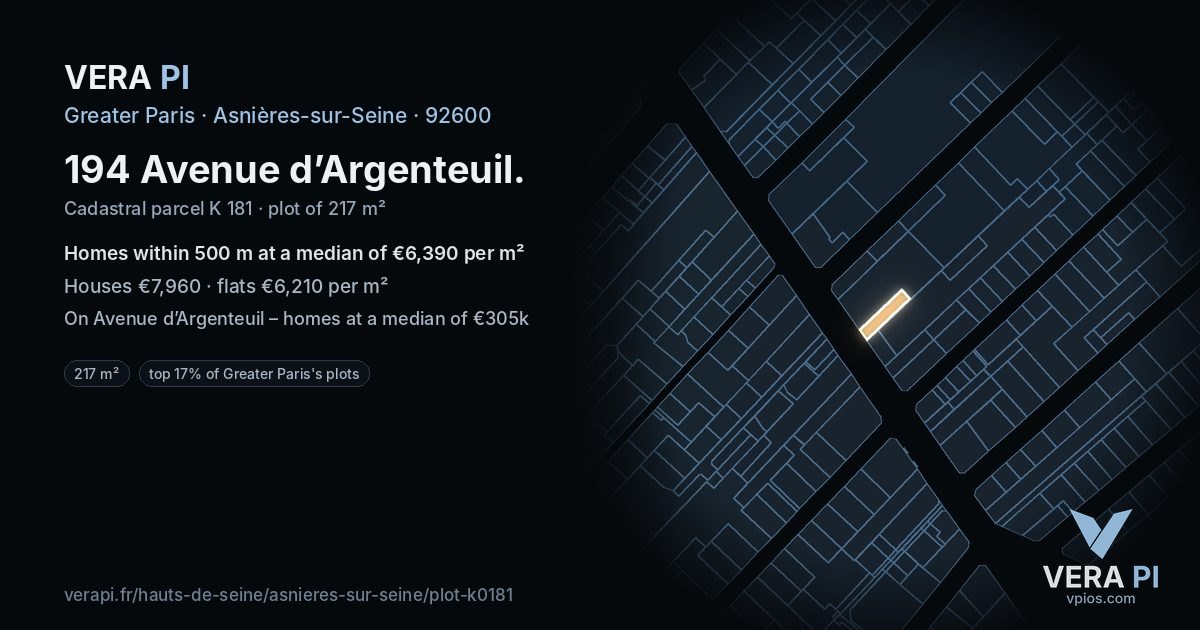 194 Avenue d’Argenteuil, Asnières-sur-Seine at night – the plot lit, the parcels around coloured by the prices near them