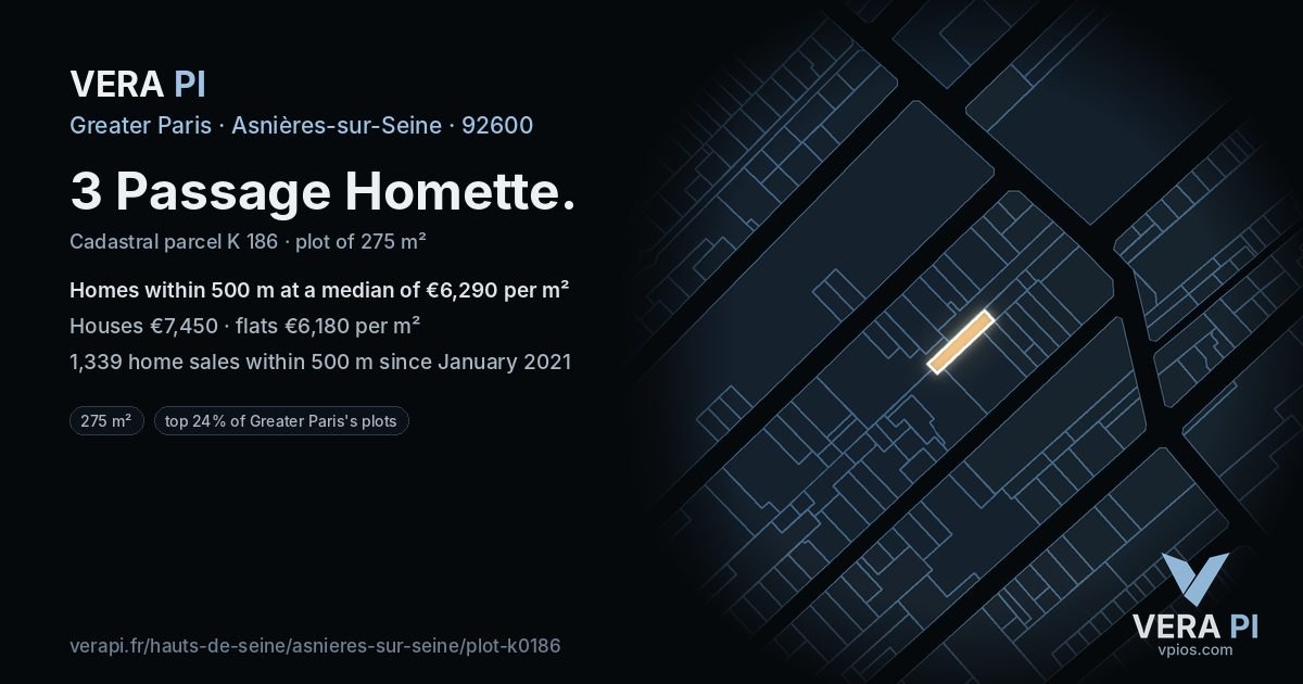 3 Passage Homette, Asnières-sur-Seine at night – the plot lit, the parcels around coloured by the prices near them