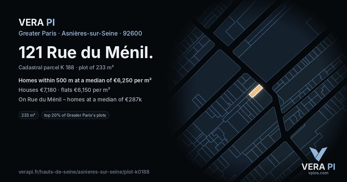 121 Rue du Ménil, Asnières-sur-Seine at night – the plot lit, the parcels around coloured by the prices near them