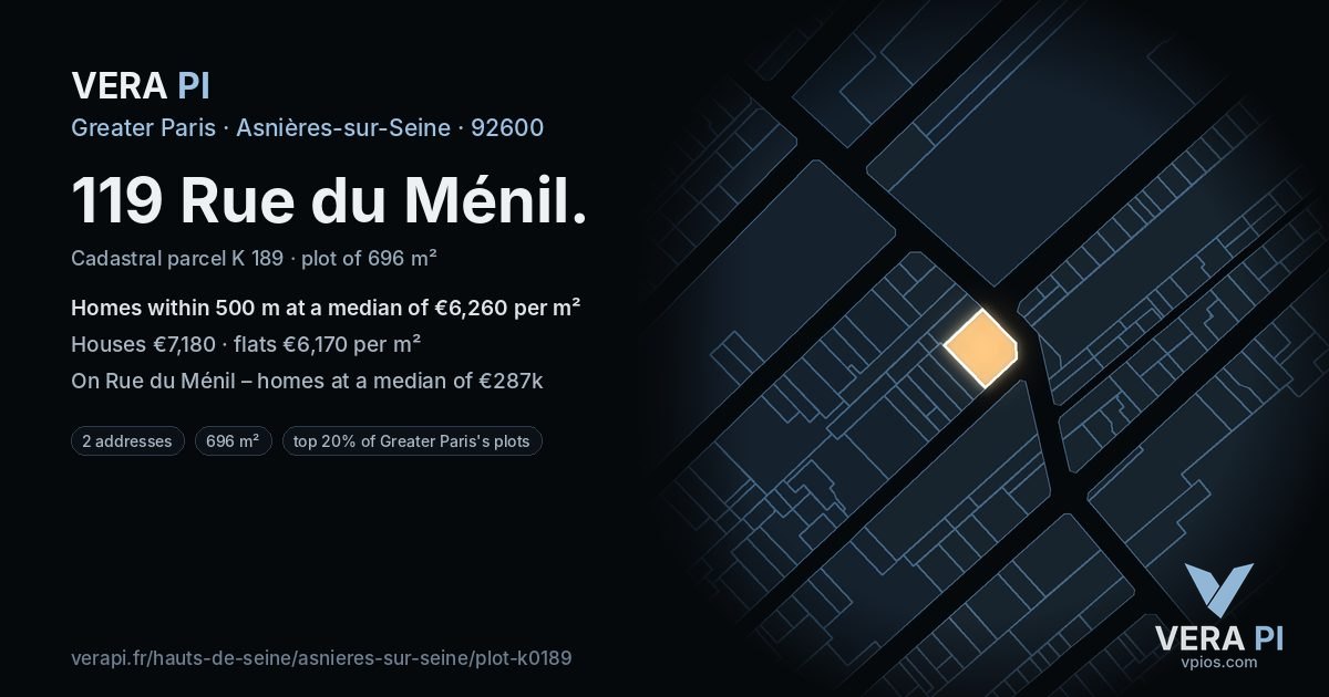 119 Rue du Ménil, Asnières-sur-Seine at night – the plot lit, the parcels around coloured by the prices near them