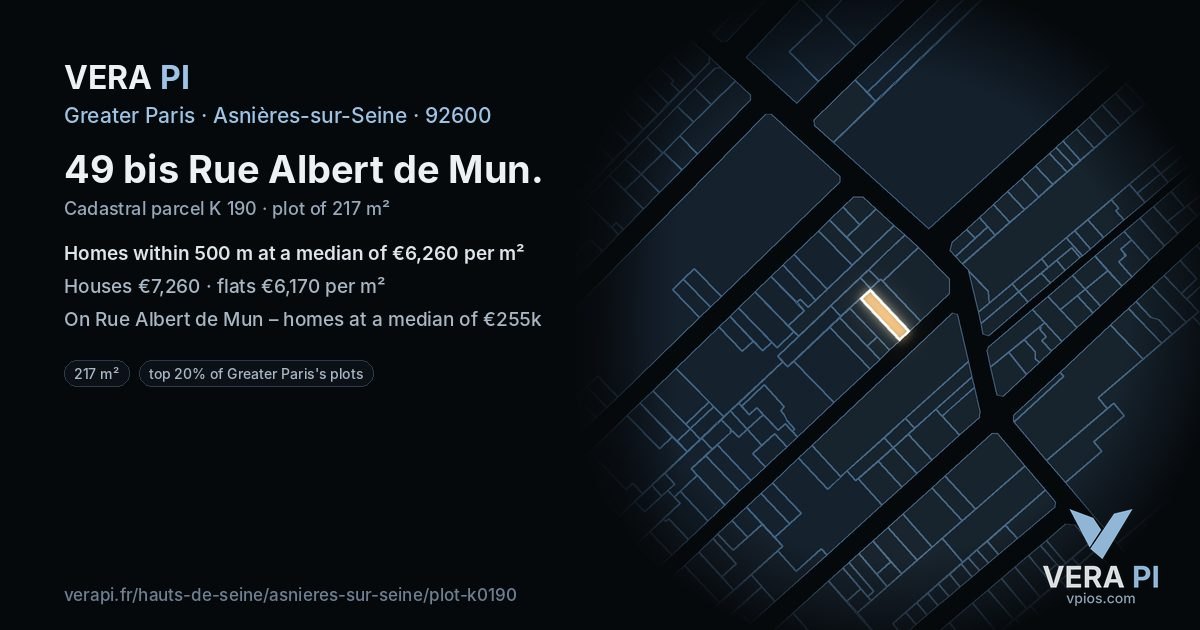 49 bis Rue Albert de Mun, Asnières-sur-Seine at night – the plot lit, the parcels around coloured by the prices near them
