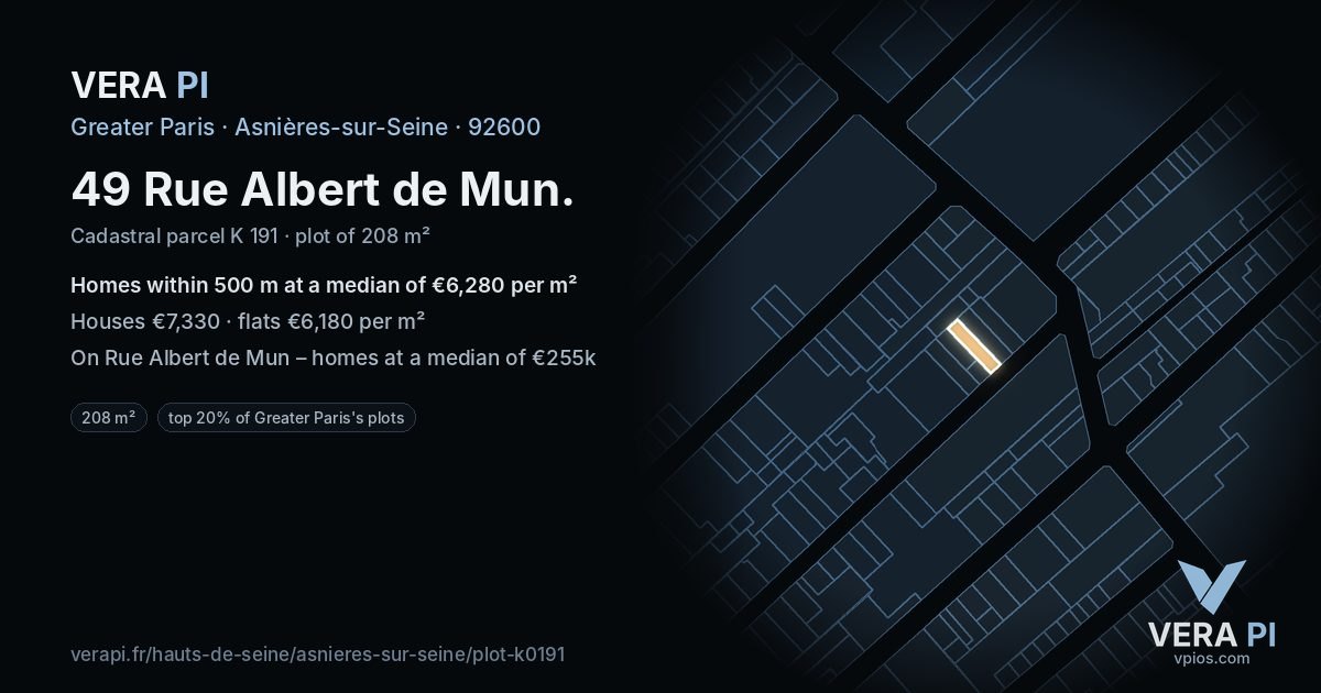 49 Rue Albert de Mun, Asnières-sur-Seine at night – the plot lit, the parcels around coloured by the prices near them