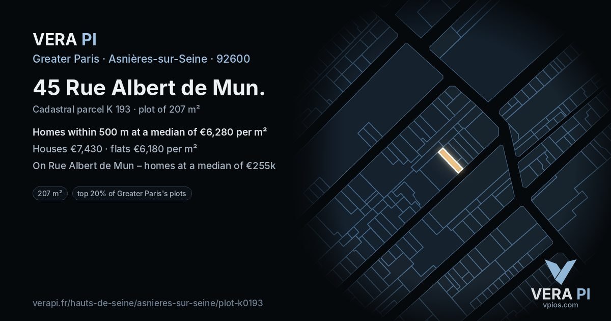 45 Rue Albert de Mun, Asnières-sur-Seine at night – the plot lit, the parcels around coloured by the prices near them