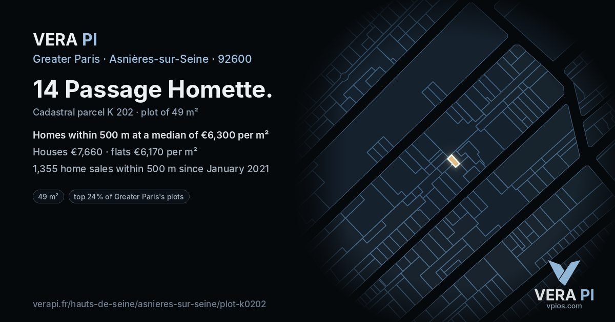 14 Passage Homette, Asnières-sur-Seine at night – the plot lit, the parcels around coloured by the prices near them