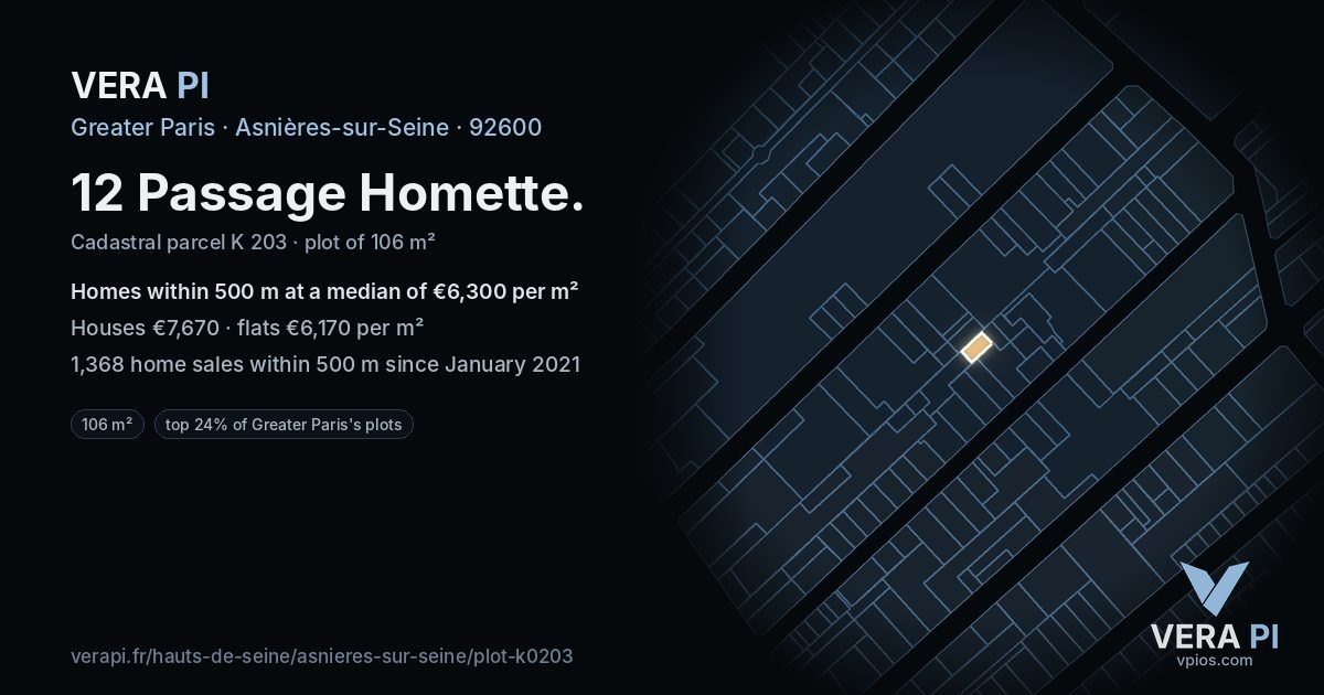 12 Passage Homette, Asnières-sur-Seine at night – the plot lit, the parcels around coloured by the prices near them