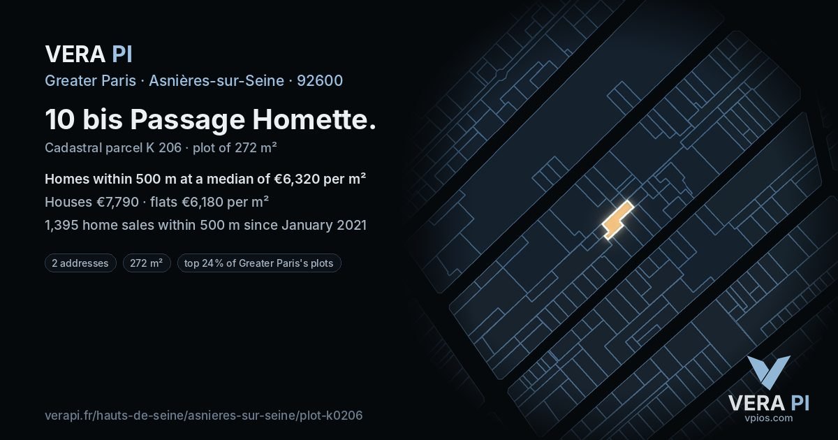 10 bis Passage Homette, Asnières-sur-Seine at night – the plot lit, the parcels around coloured by the prices near them