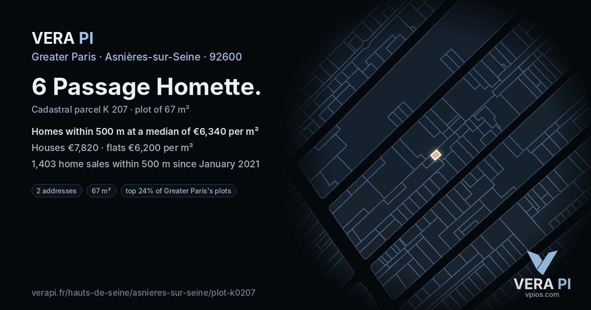 6 Passage Homette, Asnières-sur-Seine at night – the plot lit, the parcels around coloured by the prices near them