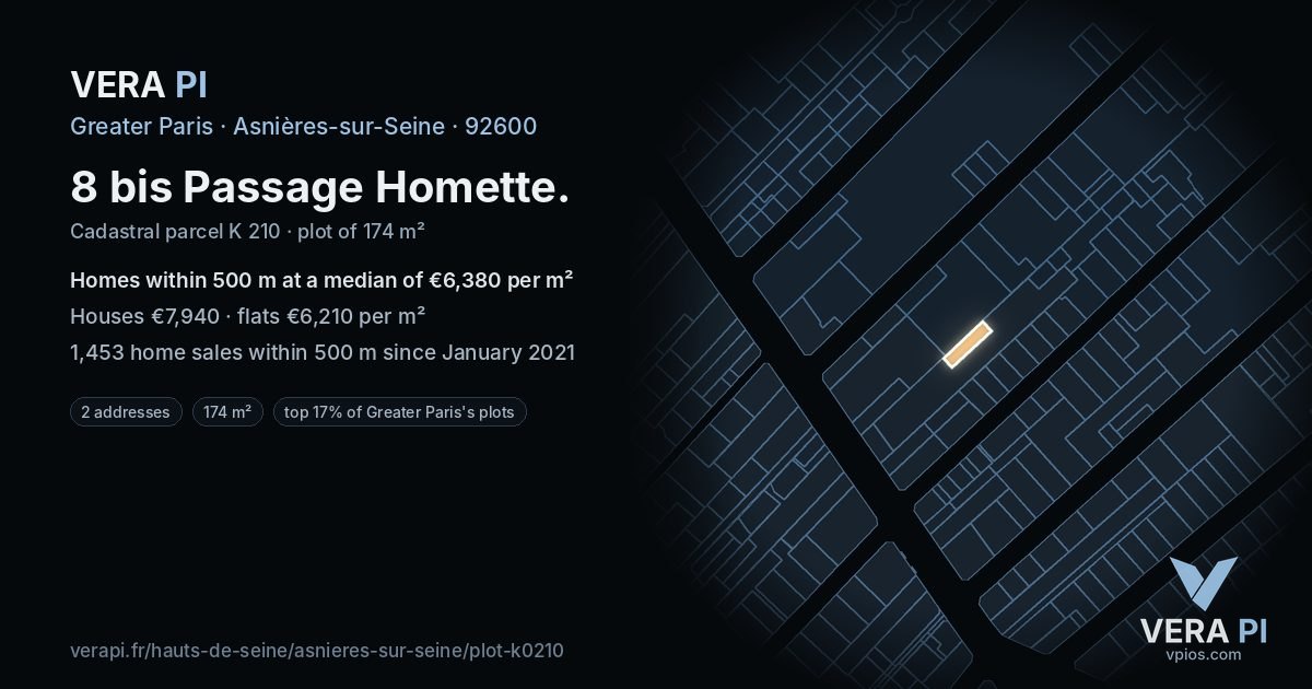 8 bis Passage Homette, Asnières-sur-Seine at night – the plot lit, the parcels around coloured by the prices near them