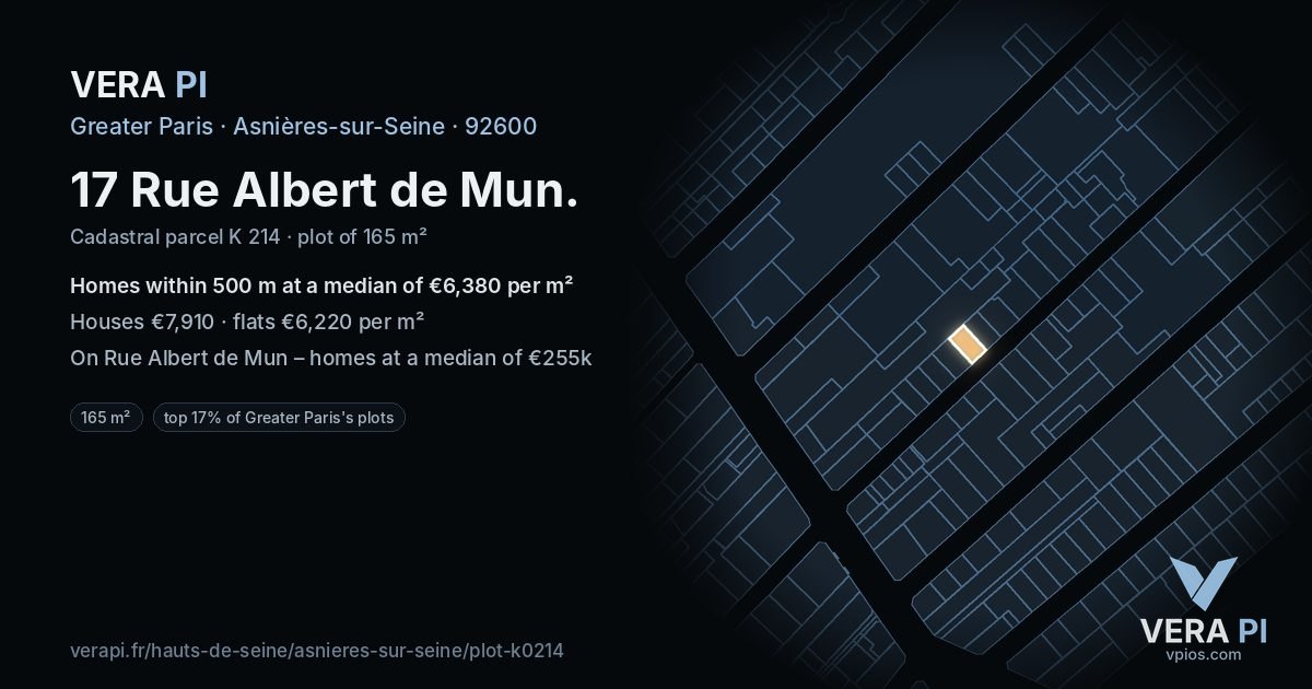 17 Rue Albert de Mun, Asnières-sur-Seine at night – the plot lit, the parcels around coloured by the prices near them