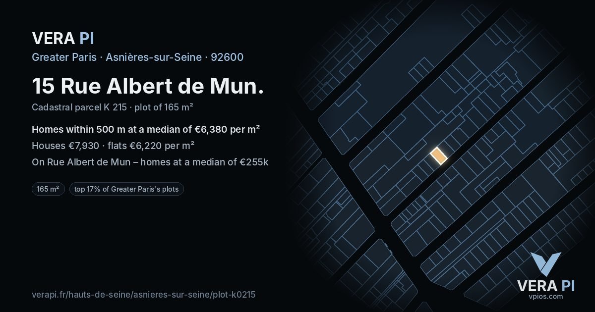 15 Rue Albert de Mun, Asnières-sur-Seine at night – the plot lit, the parcels around coloured by the prices near them