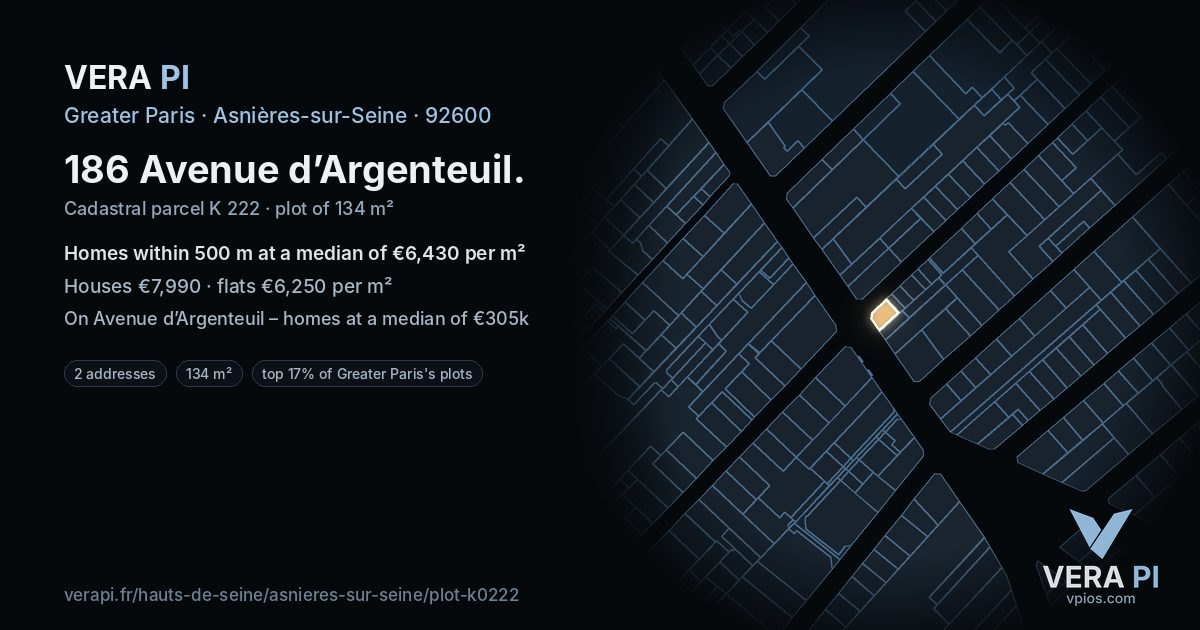 186 Avenue d’Argenteuil, Asnières-sur-Seine at night – the plot lit, the parcels around coloured by the prices near them