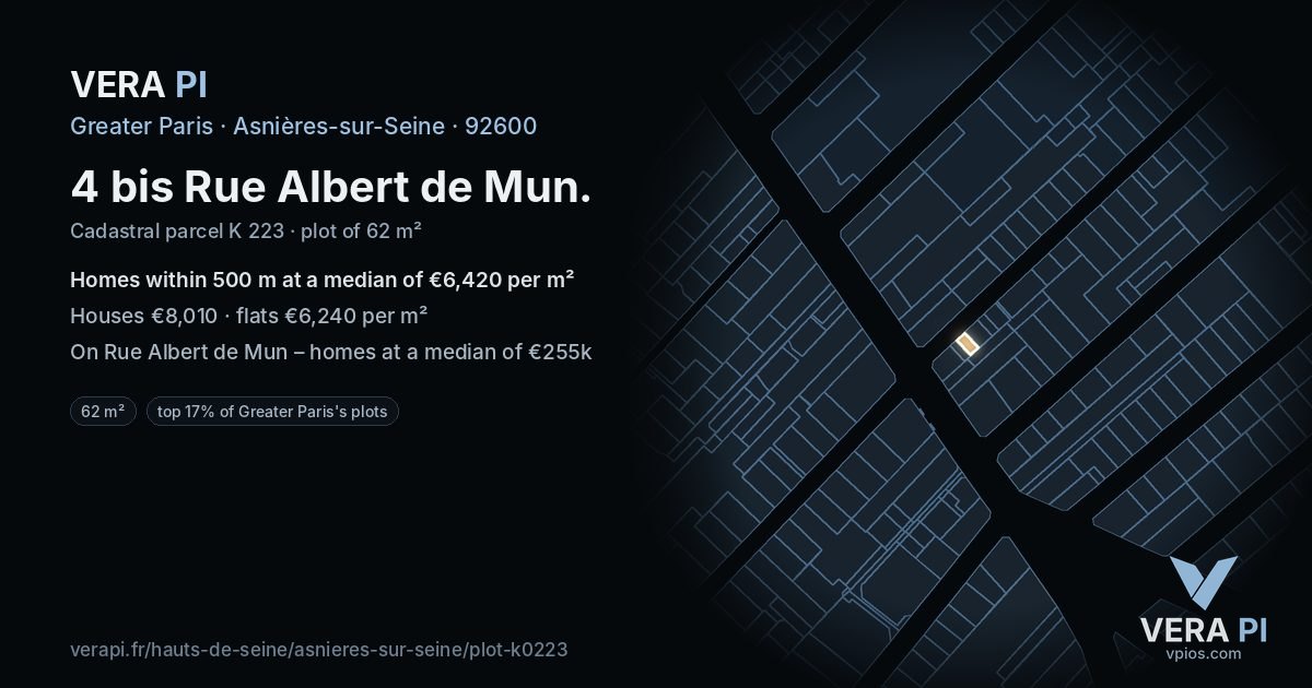 4 bis Rue Albert de Mun, Asnières-sur-Seine at night – the plot lit, the parcels around coloured by the prices near them