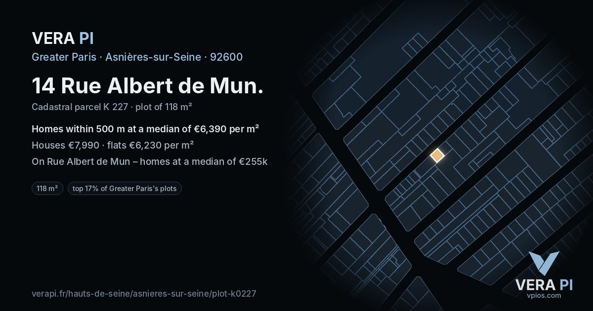 14 Rue Albert de Mun, Asnières-sur-Seine at night – the plot lit, the parcels around coloured by the prices near them