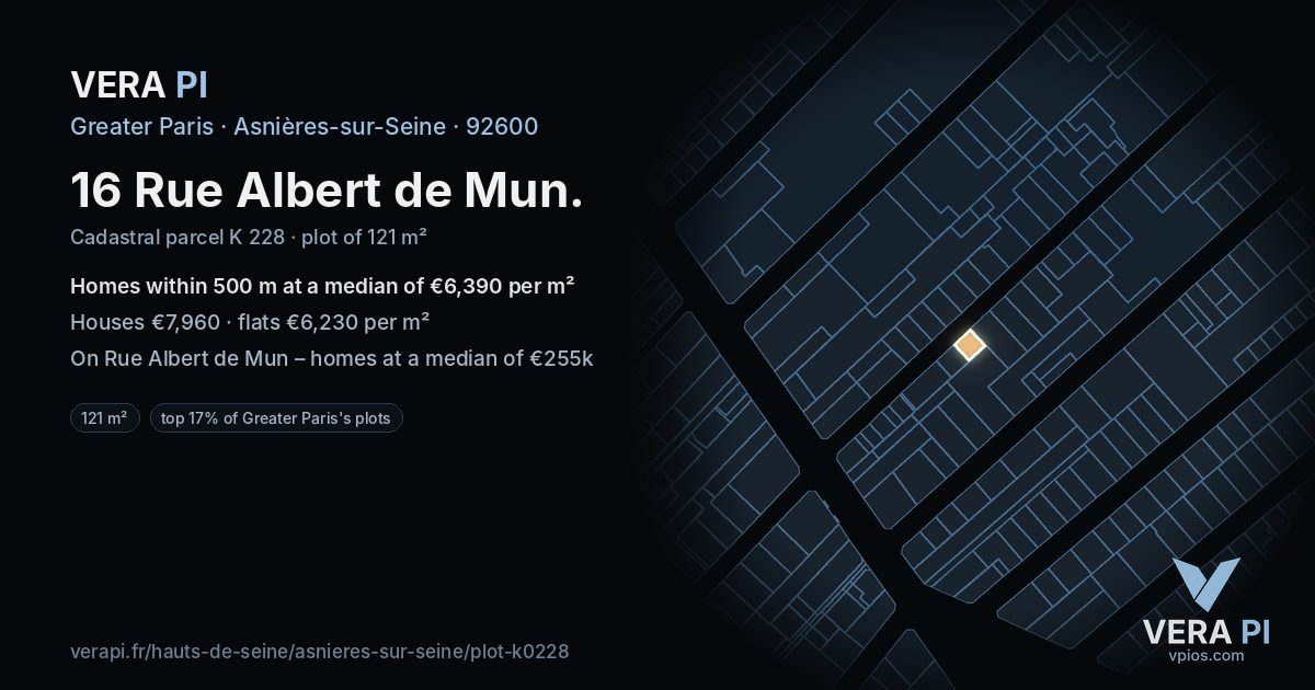 16 Rue Albert de Mun, Asnières-sur-Seine at night – the plot lit, the parcels around coloured by the prices near them