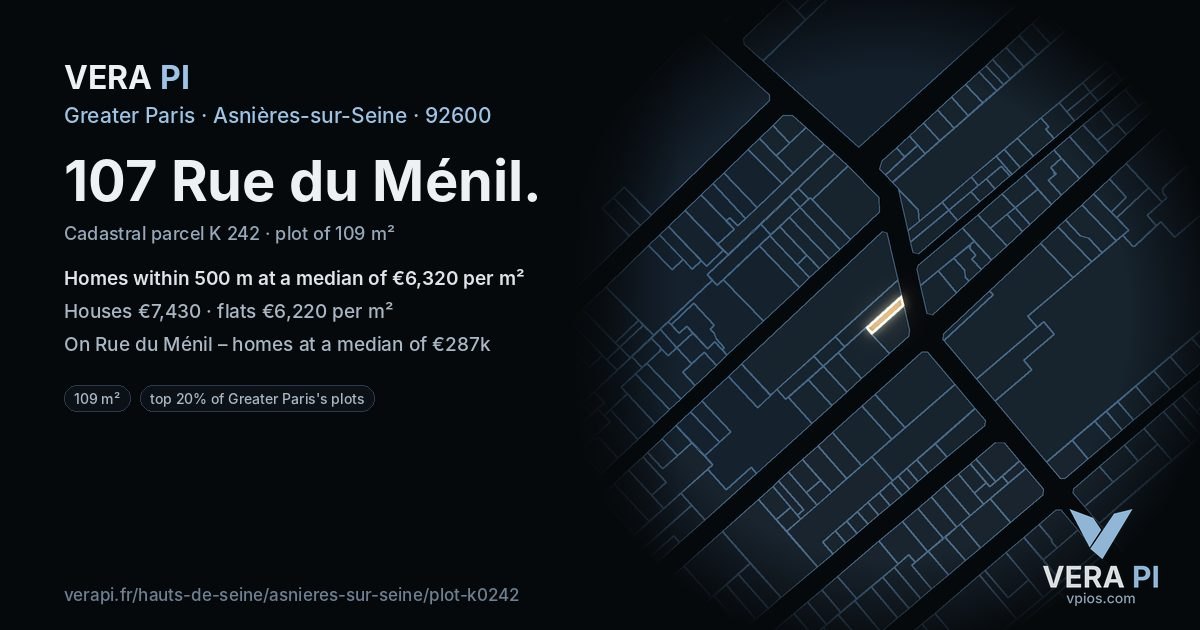 107 Rue du Ménil, Asnières-sur-Seine at night – the plot lit, the parcels around coloured by the prices near them