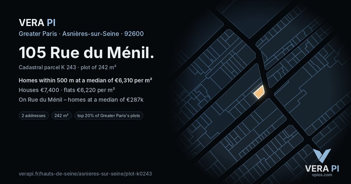 105 Rue du Ménil, Asnières-sur-Seine at night – the plot lit, the parcels around coloured by the prices near them