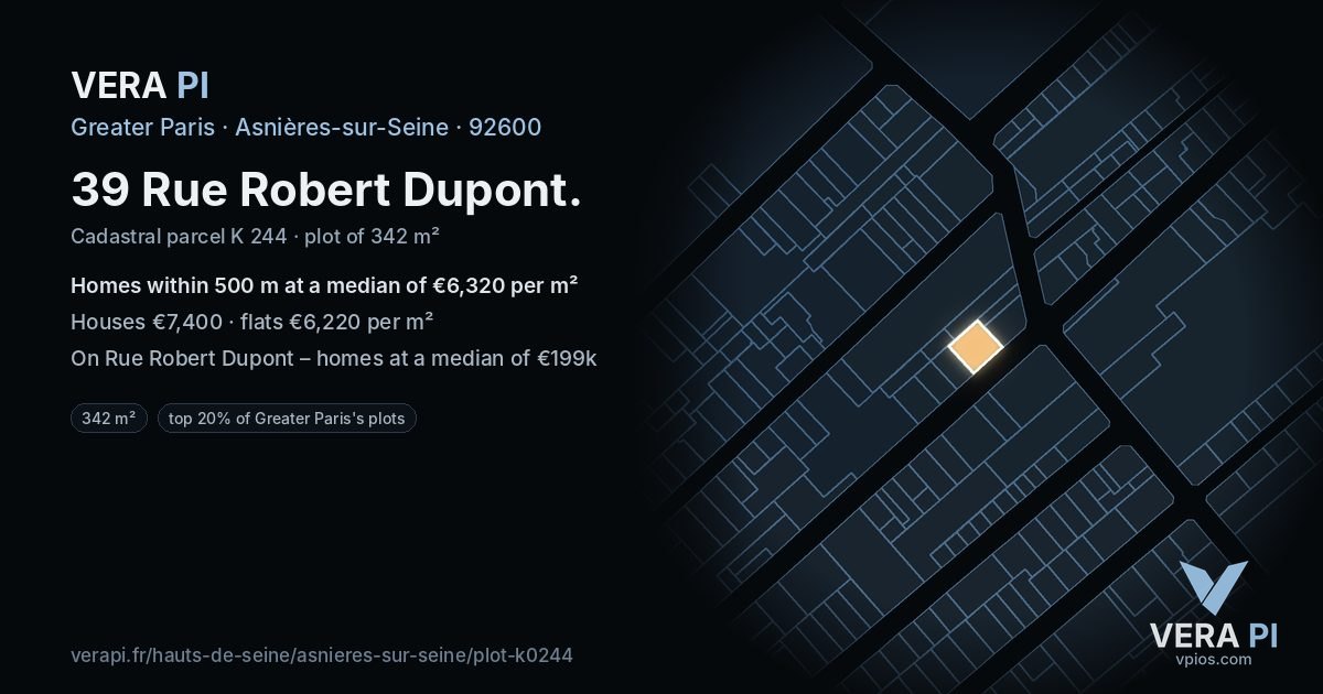 39 Rue Robert Dupont, Asnières-sur-Seine at night – the plot lit, the parcels around coloured by the prices near them