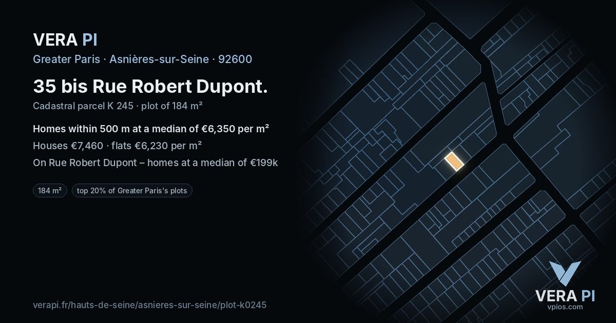 35 bis Rue Robert Dupont, Asnières-sur-Seine at night – the plot lit, the parcels around coloured by the prices near them