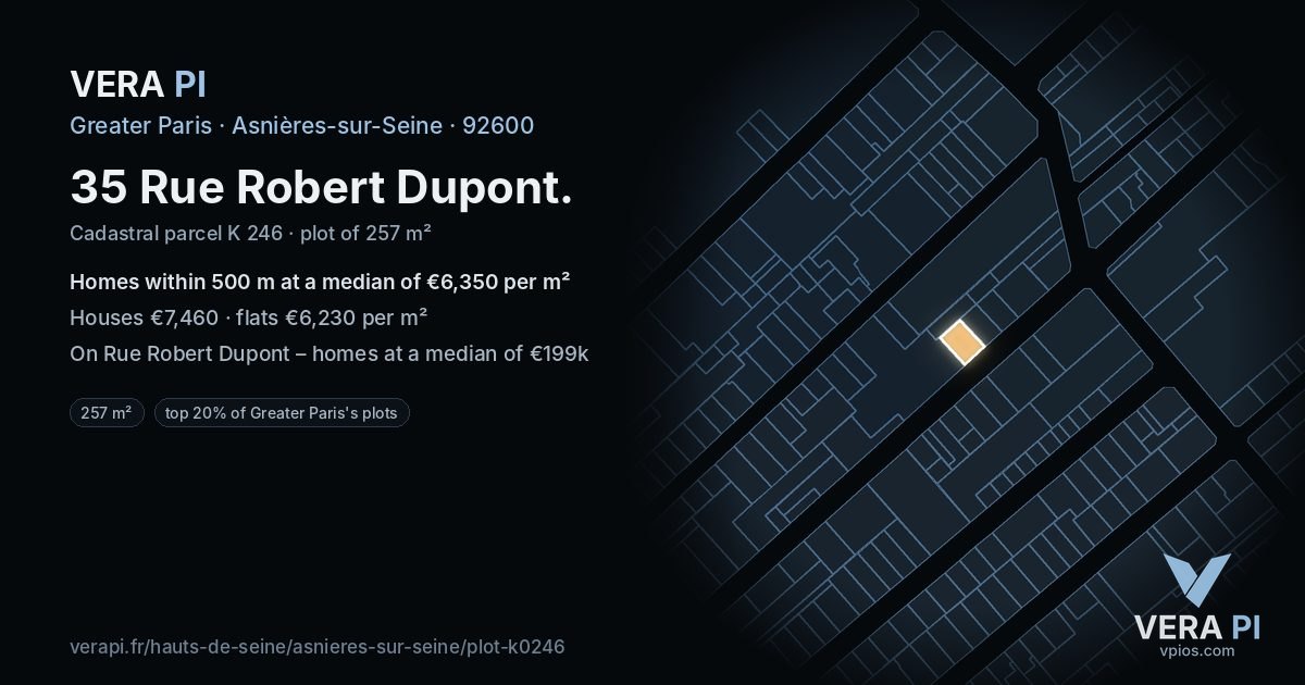 35 Rue Robert Dupont, Asnières-sur-Seine at night – the plot lit, the parcels around coloured by the prices near them
