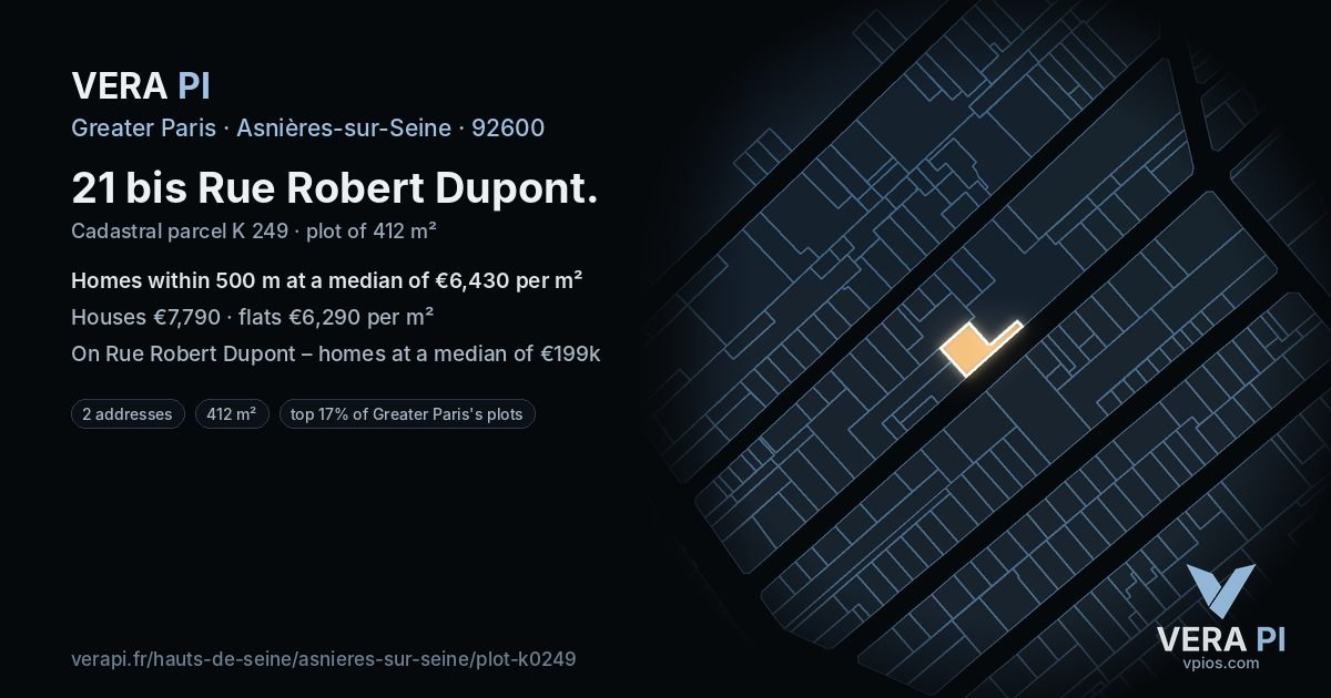 21 bis Rue Robert Dupont, Asnières-sur-Seine at night – the plot lit, the parcels around coloured by the prices near them