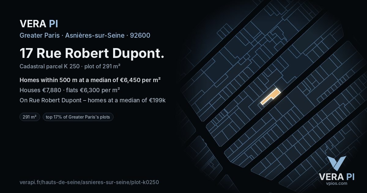 17 Rue Robert Dupont, Asnières-sur-Seine at night – the plot lit, the parcels around coloured by the prices near them