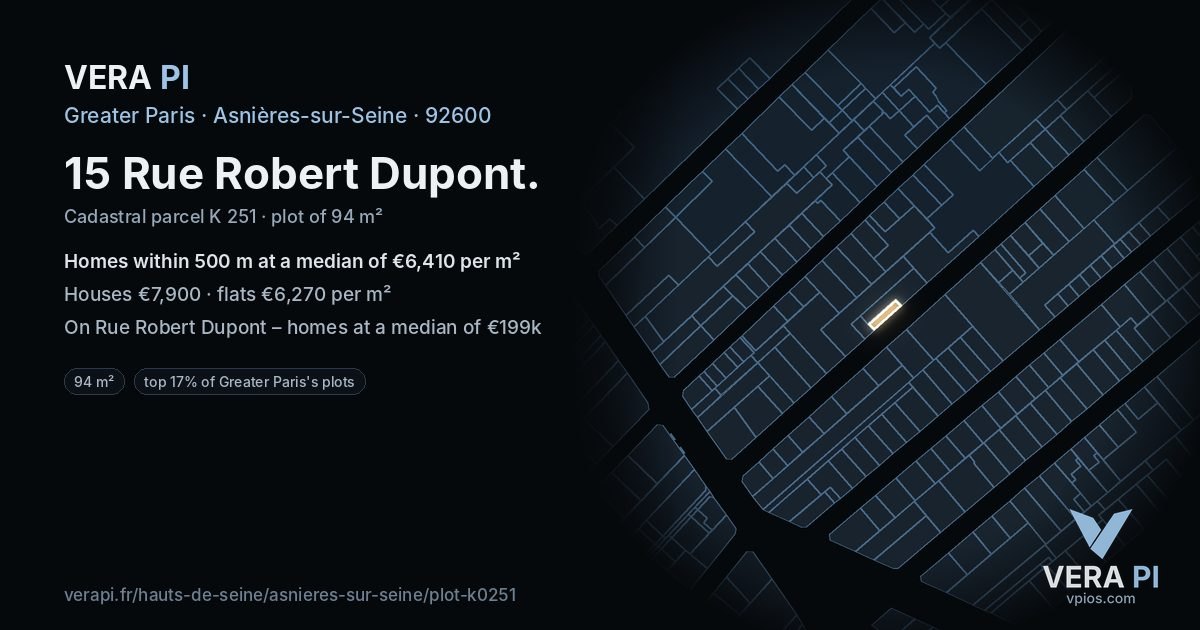 15 Rue Robert Dupont, Asnières-sur-Seine at night – the plot lit, the parcels around coloured by the prices near them
