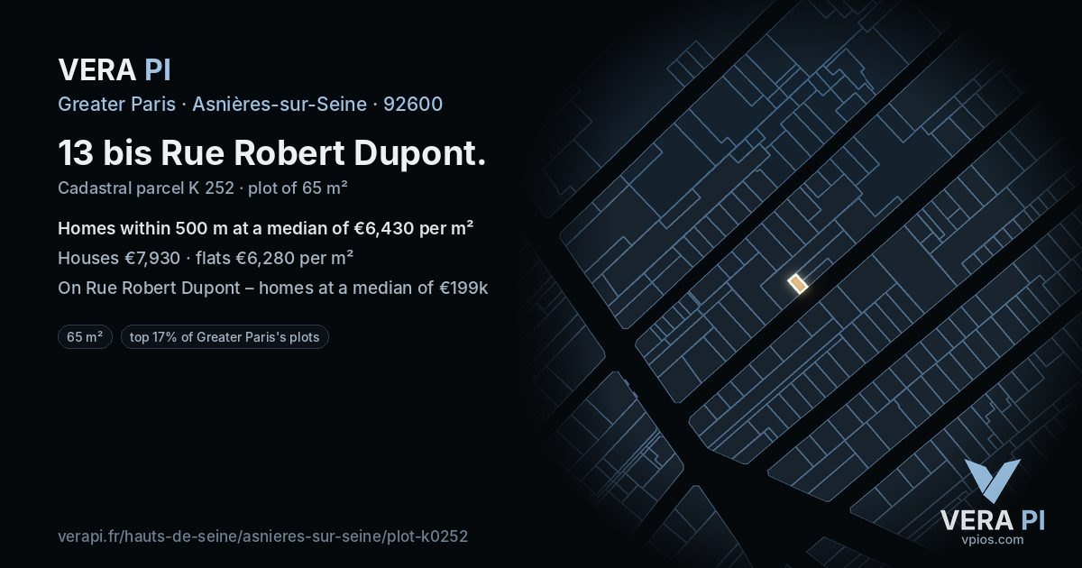 13 bis Rue Robert Dupont, Asnières-sur-Seine at night – the plot lit, the parcels around coloured by the prices near them