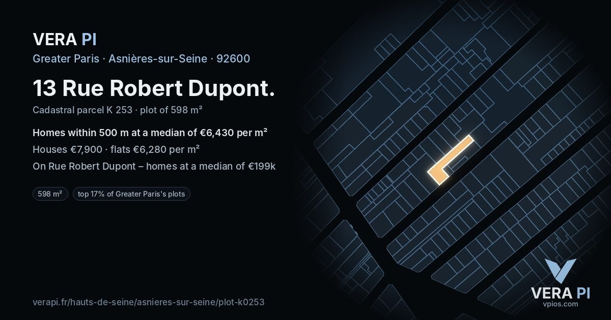 13 Rue Robert Dupont, Asnières-sur-Seine at night – the plot lit, the parcels around coloured by the prices near them