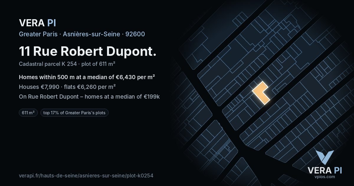 11 Rue Robert Dupont, Asnières-sur-Seine at night – the plot lit, the parcels around coloured by the prices near them