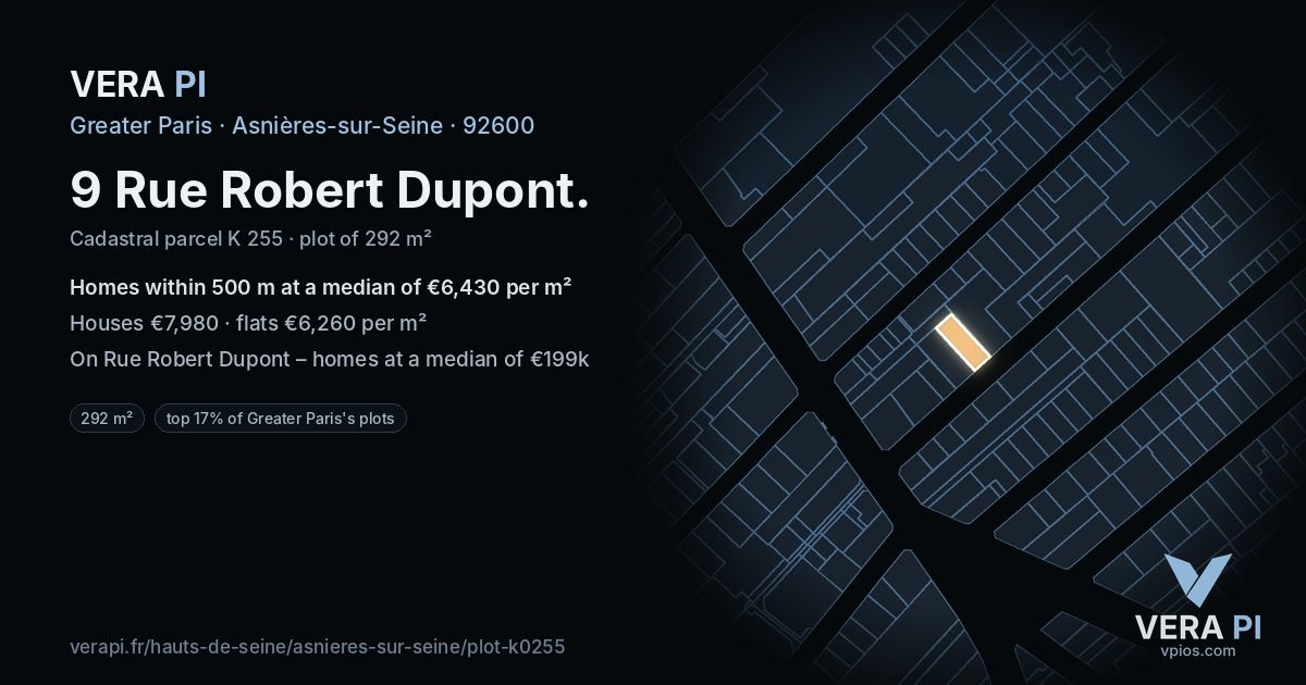 9 Rue Robert Dupont, Asnières-sur-Seine at night – the plot lit, the parcels around coloured by the prices near them