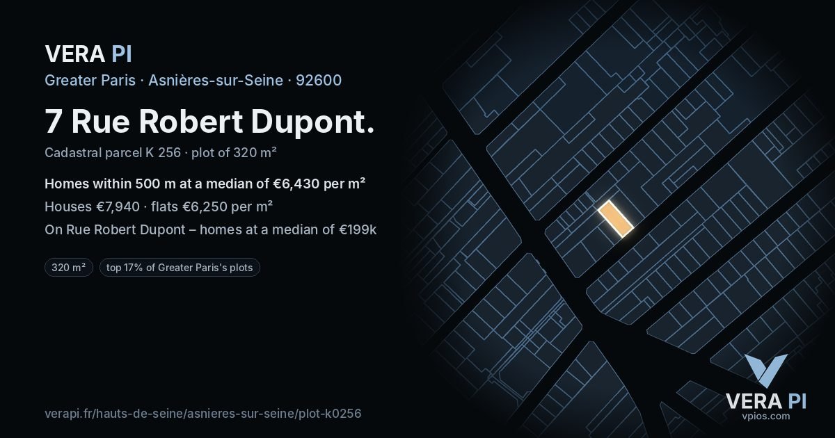7 Rue Robert Dupont, Asnières-sur-Seine at night – the plot lit, the parcels around coloured by the prices near them