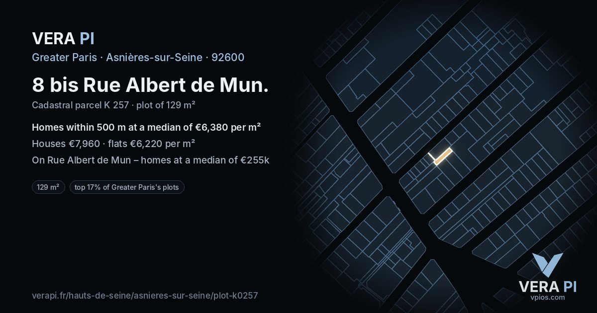 8 bis Rue Albert de Mun, Asnières-sur-Seine at night – the plot lit, the parcels around coloured by the prices near them